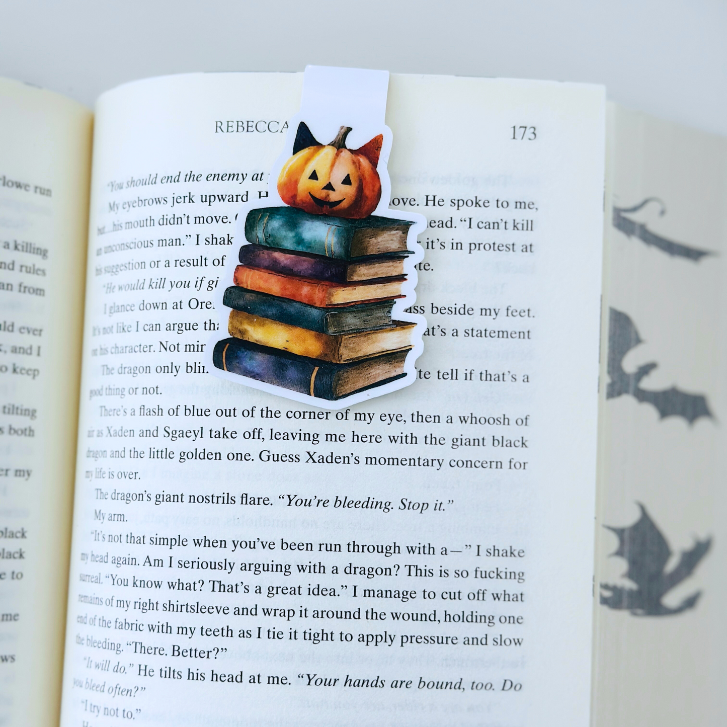 Pumpkin Cat on a Stack of Books Magnetic Bookmarks