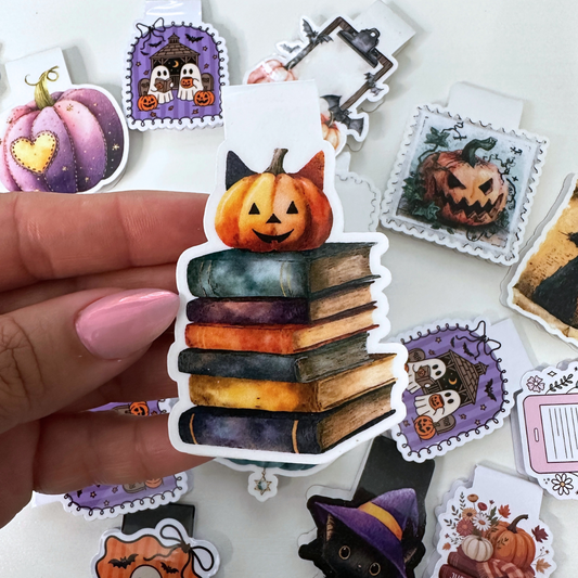 Pumpkin Cat on a Stack of Books Magnetic Bookmarks