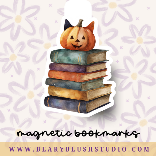 Pumpkin Cat on a Stack of Books Magnetic Bookmarks